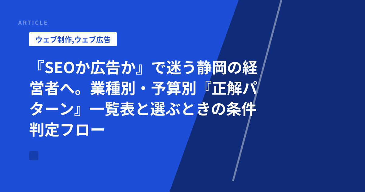 『SEOか広告か』で迷う静岡の経営者へ。業種別・予算別『正解パターン』一覧表と選ぶときの条件判定フロー