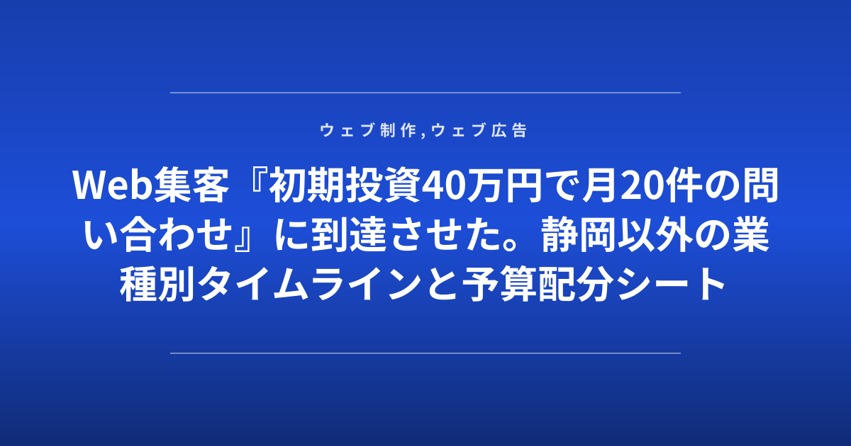 Web集客『初期投資40万円で月20件の問い合わせ』に到達させた。静岡以外の業種別タイムラインと予算配分シート