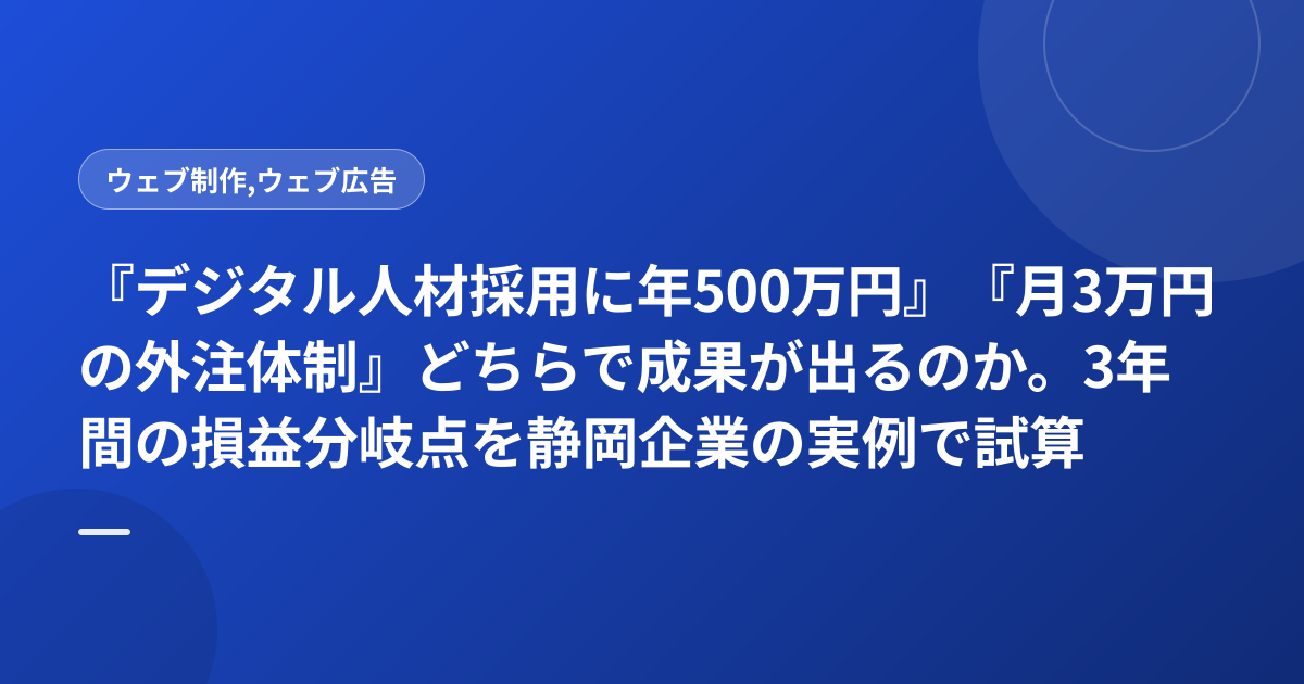『デジタル人材採用に年500万円』『月3万円の外注体制』どちらで成果が出るのか。3年間の損益分岐点を静岡企業の実例で試算