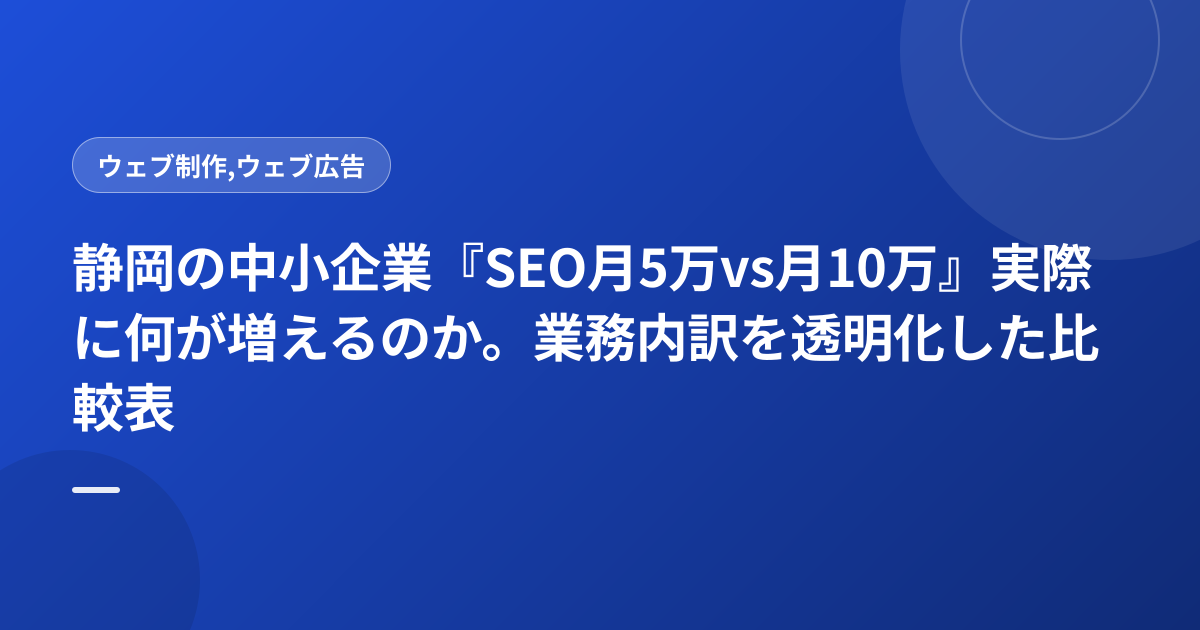 静岡の中小企業『SEO月5万vs月10万』実際に何が増えるのか。業務内訳を透明化した比較表
